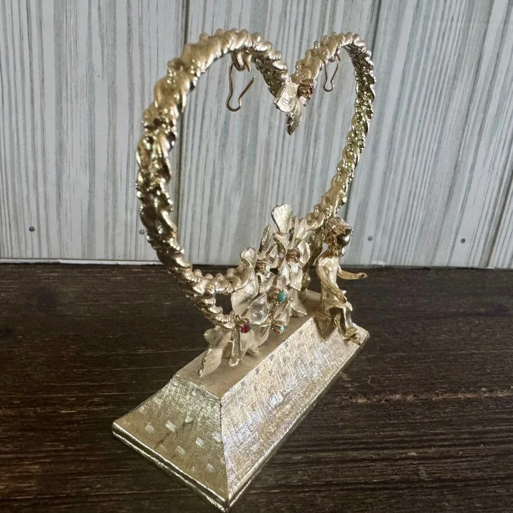 Vintage Gold Tone Heart Jewelry Stand Floral Cherub Rhinestone Vanity Organizer